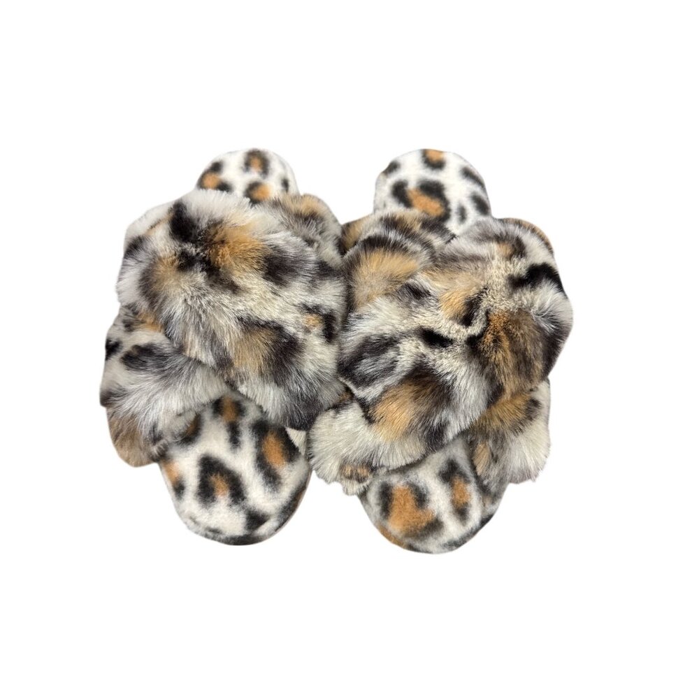 Women's Leopard Print Faux Fur Slippers Size 9 Lapin USA Indoor/Outdoor Sole
